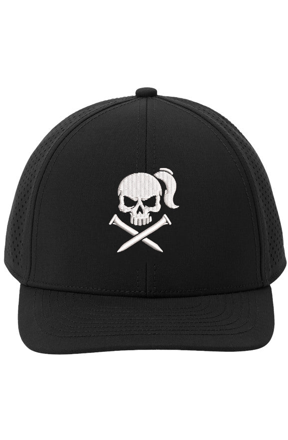 Black cap with a white skull and crosstees design centered on the front of the hat