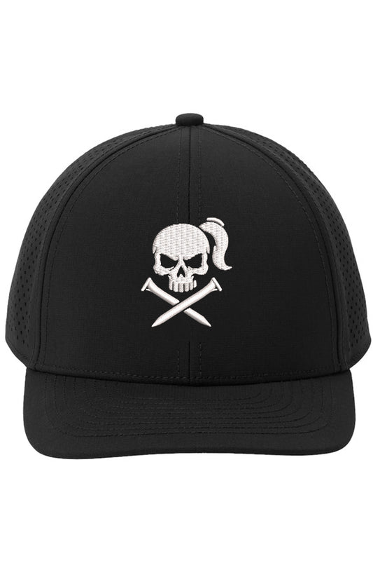 Black cap with a white skull and crosstees design centered on the front of the hat
